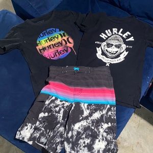 2 Hurley shirts and a pair of swim shorts
